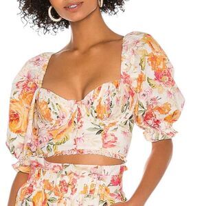 For love bell Floral Sweetheart Crop Top with Puff Sleeves White/Orange Pink med